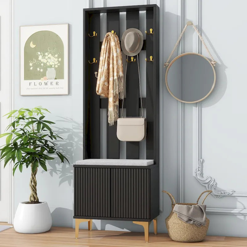 Porte-manteau noir/gris/blanc avec banc rembourré, 8 crochets dorés, portes d'armoire cannelées et étagère réglable – Monobloc