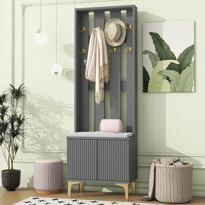 Porte-manteau noir/gris/blanc avec banc rembourré, 8 crochets dorés, portes d'armoire cannelées et étagère réglable – Monobloc