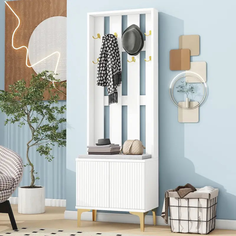 Porte-manteau noir/gris/blanc avec banc rembourré, 8 crochets dorés, portes d'armoire cannelées et étagère réglable – Monobloc