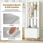 Porte-manteau noir/gris/blanc avec banc rembourré, 8 crochets dorés, portes d'armoire cannelées et étagère réglable – Monobloc