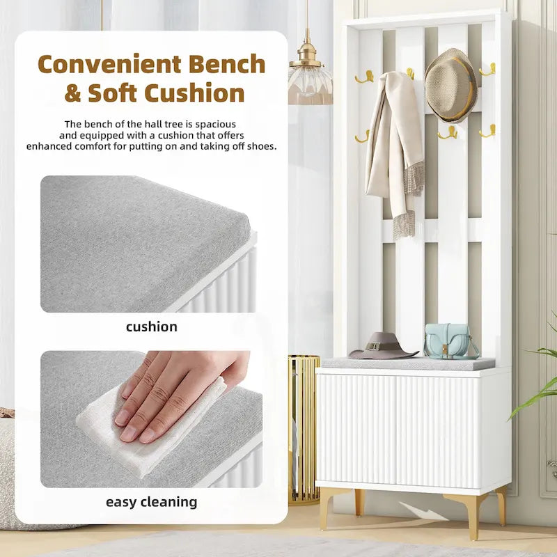 Porte-manteau noir/gris/blanc avec banc rembourré, 8 crochets dorés, portes d'armoire cannelées et étagère réglable – Monobloc