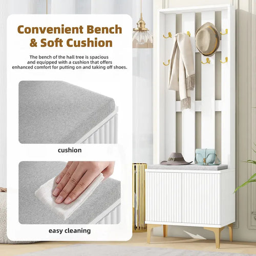 Porte-manteau noir/gris/blanc avec banc rembourré, 8 crochets dorés, portes d'armoire cannelées et étagère réglable – Monobloc