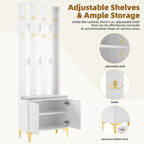 Porte-manteau noir/gris/blanc avec banc rembourré, 8 crochets dorés, portes d'armoire cannelées et étagère réglable – Monobloc