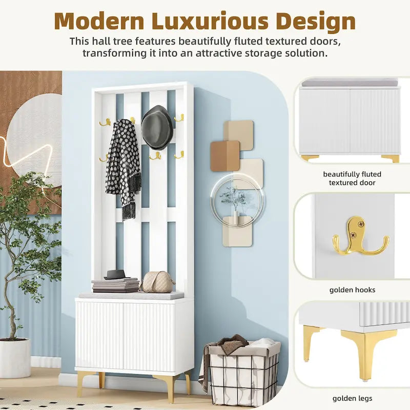 Porte-manteau noir/gris/blanc avec banc rembourré, 8 crochets dorés, portes d'armoire cannelées et étagère réglable – Monobloc