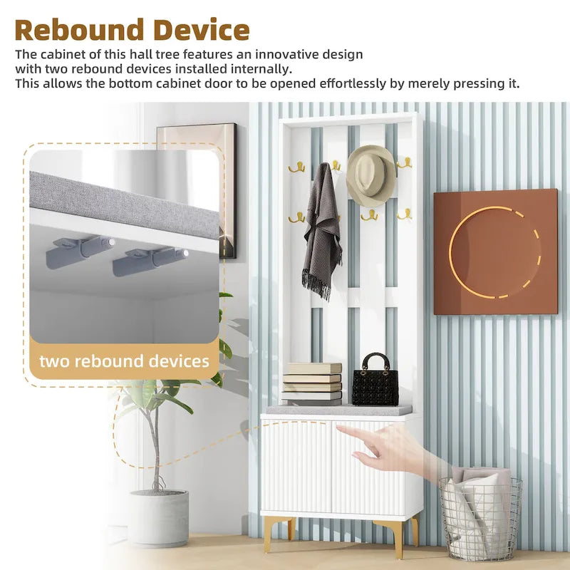 Porte-manteau noir/gris/blanc avec banc rembourré, 8 crochets dorés, portes d'armoire cannelées et étagère réglable – Monobloc