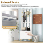 Porte-manteau noir/gris/blanc avec banc rembourré, 8 crochets dorés, portes d'armoire cannelées et étagère réglable – Monobloc