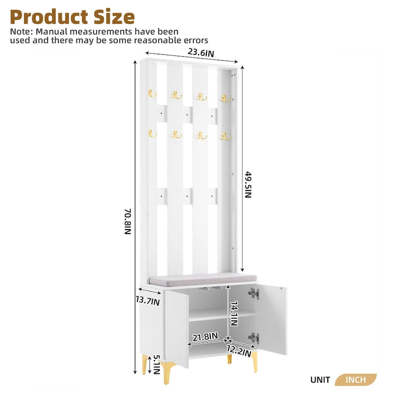 Porte-manteau noir/gris/blanc avec banc rembourré, 8 crochets dorés, portes d'armoire cannelées et étagère réglable – Monobloc