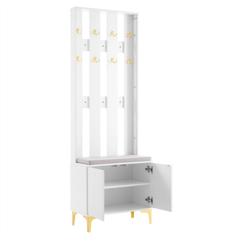 Porte-manteau noir/gris/blanc avec banc rembourré, 8 crochets dorés, portes d'armoire cannelées et étagère réglable – Monobloc