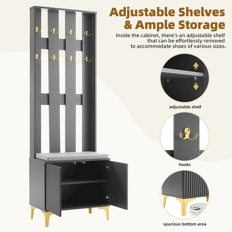 Porte-manteau noir/gris/blanc avec banc rembourré, 8 crochets dorés, portes d'armoire cannelées et étagère réglable – Monobloc
