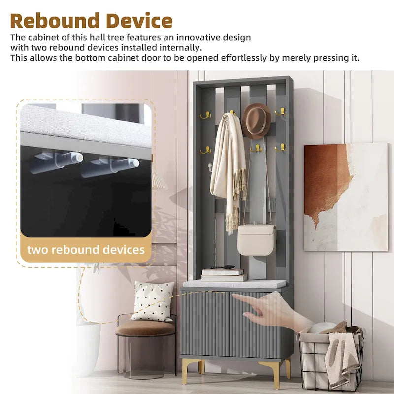 Porte-manteau noir/gris/blanc avec banc rembourré, 8 crochets dorés, portes d'armoire cannelées et étagère réglable – Monobloc