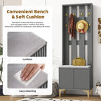 Porte-manteau noir/gris/blanc avec banc rembourré, 8 crochets dorés, portes d'armoire cannelées et étagère réglable – Monobloc