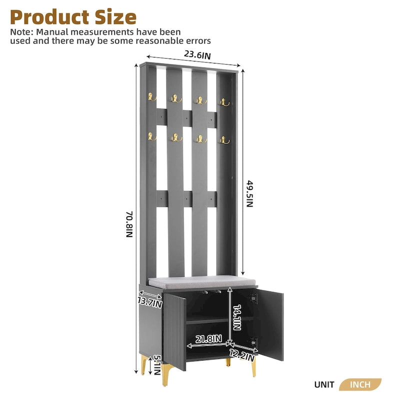 Porte-manteau noir/gris/blanc avec banc rembourré, 8 crochets dorés, portes d'armoire cannelées et étagère réglable – Monobloc