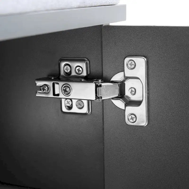 Porte-manteau noir/gris/blanc avec banc rembourré, 8 crochets dorés, portes d'armoire cannelées et étagère réglable – Monobloc