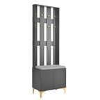 Porte-manteau noir/gris/blanc avec banc rembourré, 8 crochets dorés, portes d'armoire cannelées et étagère réglable – Monobloc
