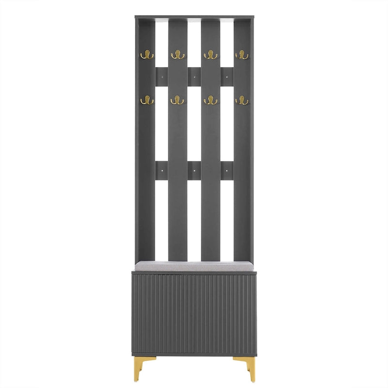 Porte-manteau noir/gris/blanc avec banc rembourré, 8 crochets dorés, portes d'armoire cannelées et étagère réglable – Monobloc