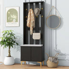 Porte-manteau noir/gris/blanc avec banc rembourré, 8 crochets dorés, portes d'armoire cannelées et étagère réglable – Monobloc
