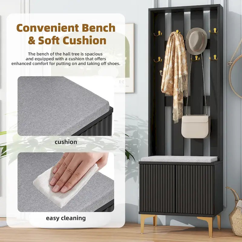 Porte-manteau noir/gris/blanc avec banc rembourré, 8 crochets dorés, portes d'armoire cannelées et étagère réglable – Monobloc