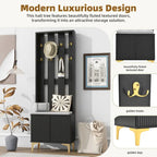 Porte-manteau noir/gris/blanc avec banc rembourré, 8 crochets dorés, portes d'armoire cannelées et étagère réglable – Monobloc