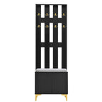 Porte-manteau noir/gris/blanc avec banc rembourré, 8 crochets dorés, portes d'armoire cannelées et étagère réglable – Monobloc