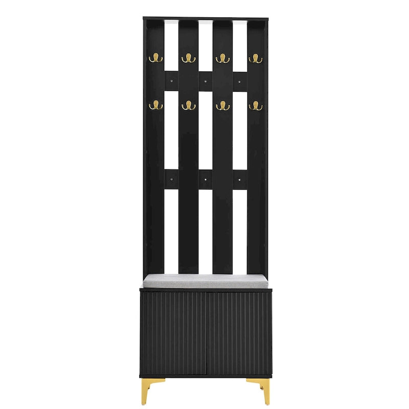 Porte-manteau noir/gris/blanc avec banc rembourré, 8 crochets dorés, portes d'armoire cannelées et étagère réglable – Monobloc
