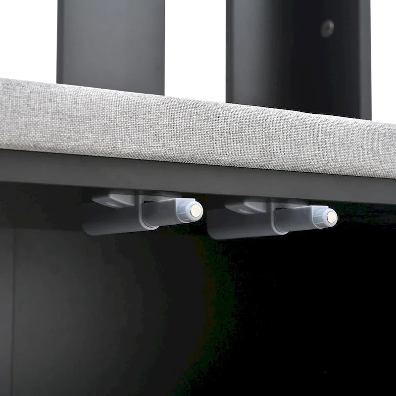 Porte-manteau noir/gris/blanc avec banc rembourré, 8 crochets dorés, portes d'armoire cannelées et étagère réglable – Monobloc