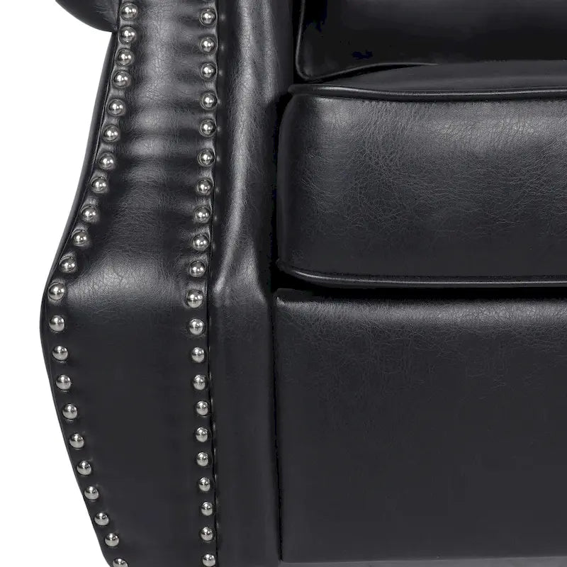 Canapé 3 places en similicuir marron foncé/noir avec accoudoirs arrondis, clouté et pieds en bois de bouleau