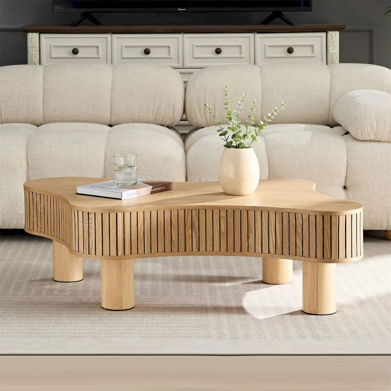 Table basse de forme irrégulière en MDF noir/naturel et bois d'hévéa avec surface en placage de bois – Unité unique