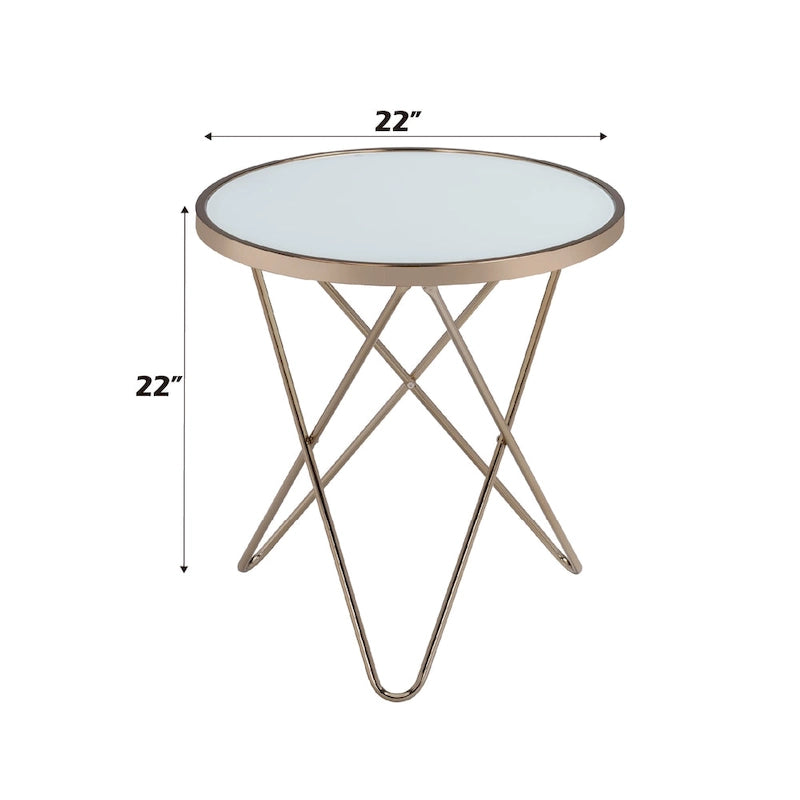 Table d'appoint ronde en verre trempé givré champagne avec base en métal en V – Unité individuelle