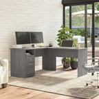 Bureau d'angle avec tiroir classeur, tiroir caisson et casier ouvert, coloris Chêne Expresso / Merisier / Gris Frêne / Blanc / Gris Bruyère / Gris Moderne – Unité simple