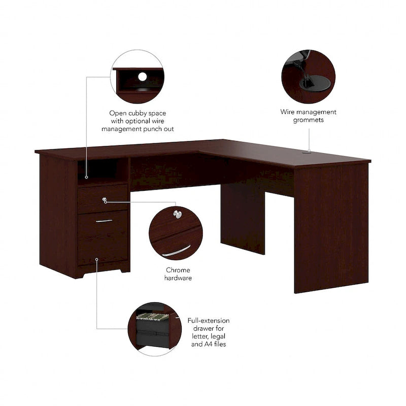 Bureau d'angle avec tiroir classeur, tiroir caisson et casier ouvert, coloris Chêne Expresso / Merisier / Gris Frêne / Blanc / Gris Bruyère / Gris Moderne – Unité simple
