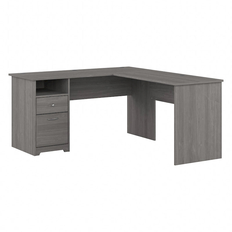 Bureau d'angle avec tiroir classeur, tiroir caisson et casier ouvert, coloris Chêne Expresso / Merisier / Gris Frêne / Blanc / Gris Bruyère / Gris Moderne – Unité simple