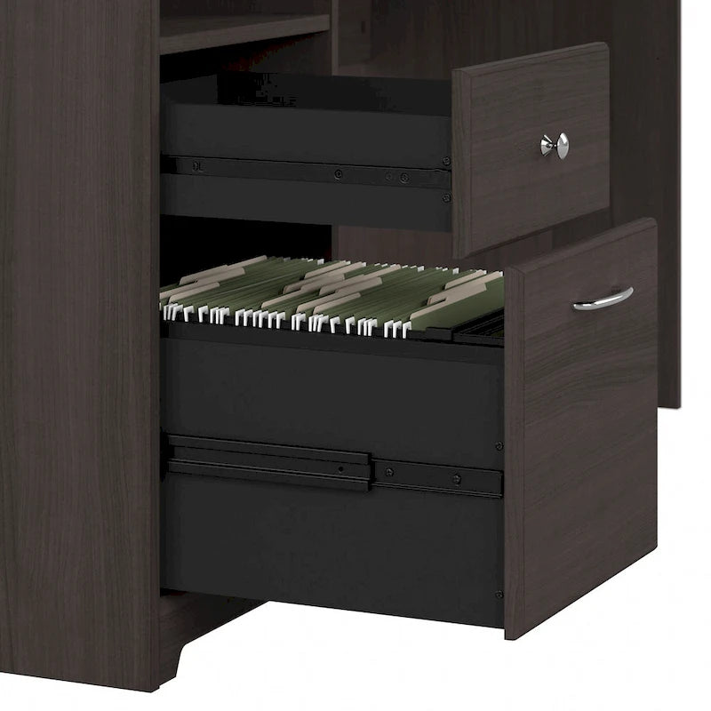 Bureau d'angle avec tiroir classeur, tiroir caisson et casier ouvert, coloris Chêne Expresso / Merisier / Gris Frêne / Blanc / Gris Bruyère / Gris Moderne – Unité simple