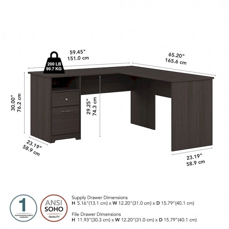 Bureau d'angle avec tiroir classeur, tiroir caisson et casier ouvert, coloris Chêne Expresso / Merisier / Gris Frêne / Blanc / Gris Bruyère / Gris Moderne – Unité simple