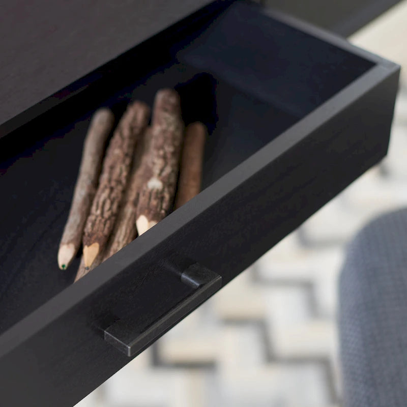 Bureau rétro avec 2 tiroirs, pieds stilettos et poignées en laiton, noir / blanc vieilli / marron – Une seule unité