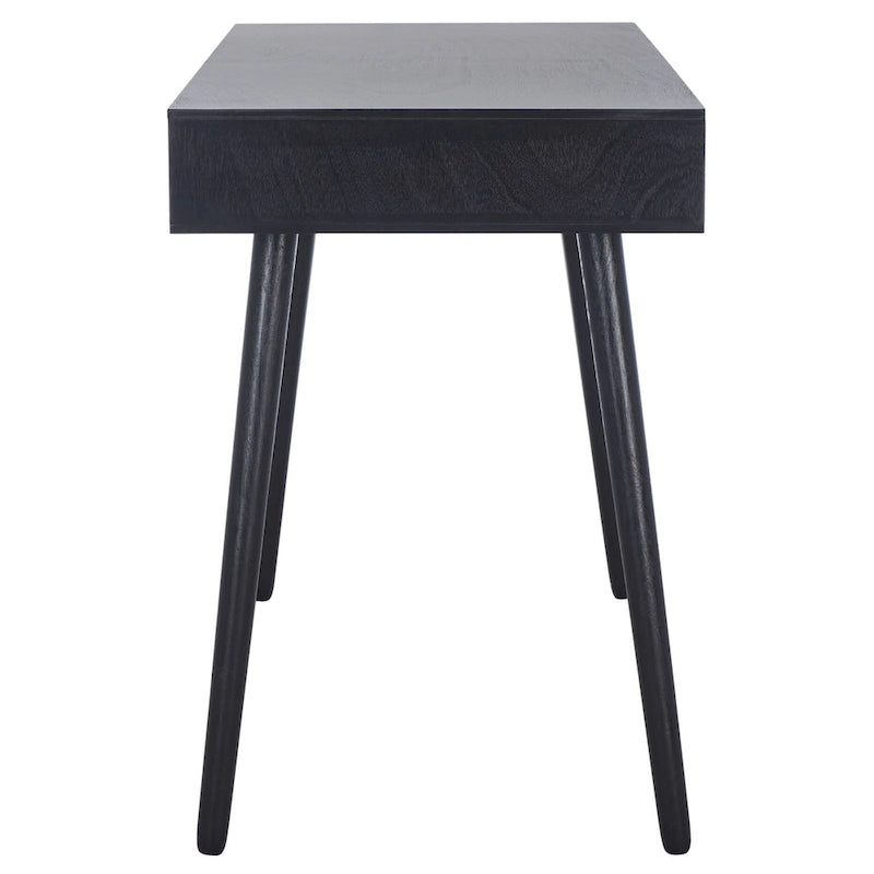 Bureau rétro avec 2 tiroirs, pieds stilettos et poignées en laiton, noir / blanc vieilli / marron – Une seule unité