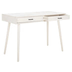 Bureau rétro avec 2 tiroirs, pieds stilettos et poignées en laiton, noir / blanc vieilli / marron – Une seule unité