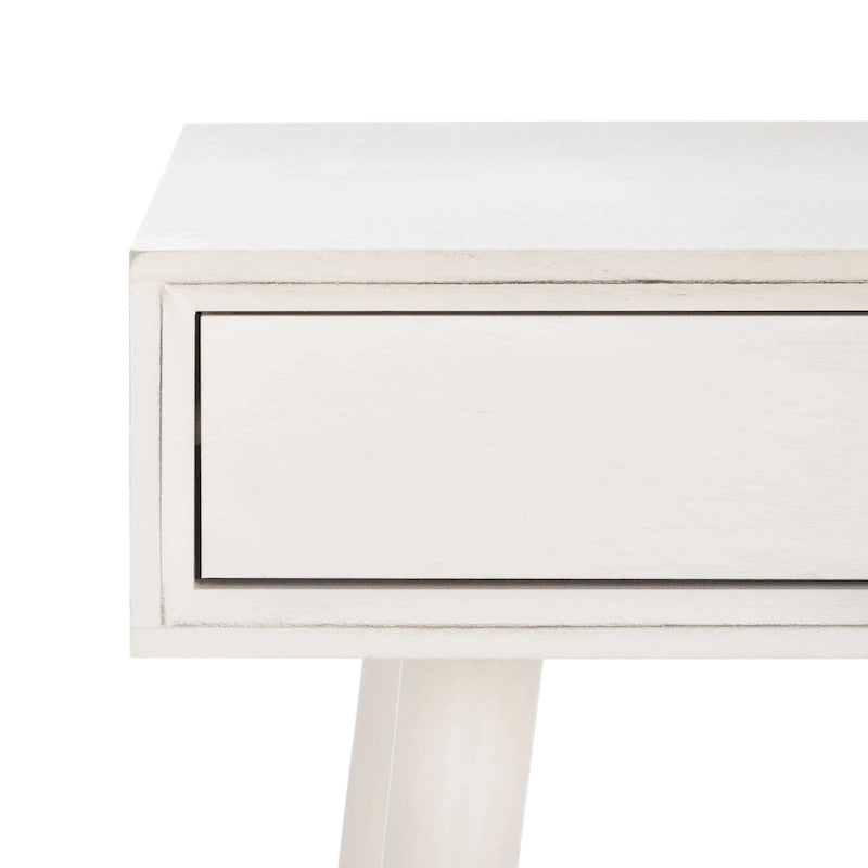 Bureau rétro avec 2 tiroirs, pieds stilettos et poignées en laiton, noir / blanc vieilli / marron – Une seule unité