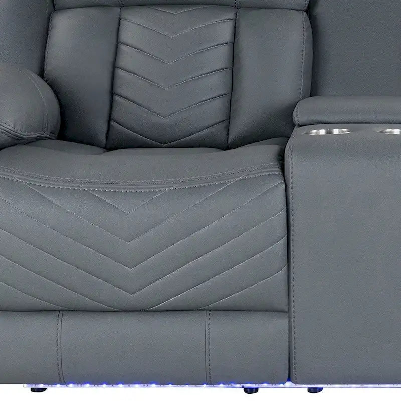 Causeuse inclinable électrique gris en similicuir touffeté capitonné avec console centrale, bande LED et port USB – 2 places