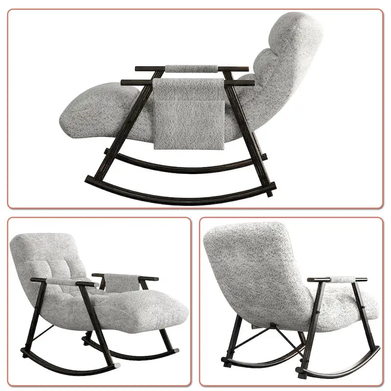 Fauteuil à bascule simple en velours rose / bleu / orange et tissu peluche gris / blanc avec dossier réglable et pochette de rangement