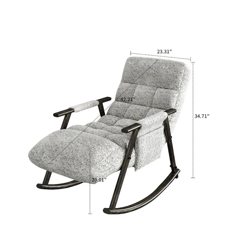 Fauteuil à bascule simple en velours rose / bleu / orange et tissu peluche gris / blanc avec dossier réglable et pochette de rangement