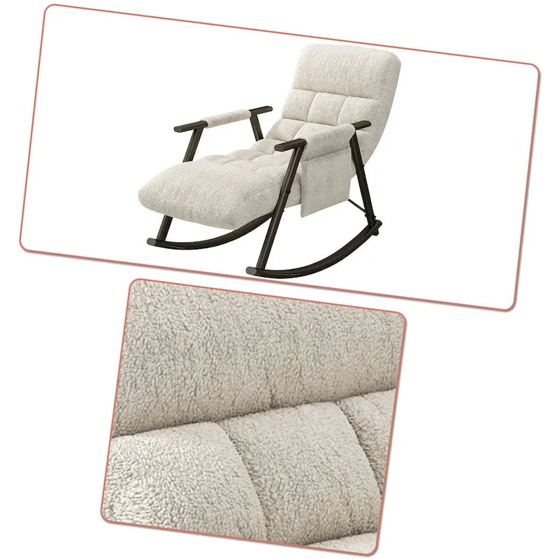 Fauteuil à bascule simple en velours rose / bleu / orange et tissu peluche gris / blanc avec dossier réglable et pochette de rangement