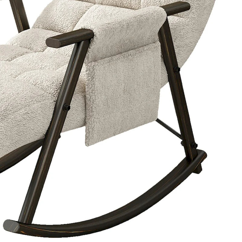 Fauteuil à bascule simple en velours rose / bleu / orange et tissu peluche gris / blanc avec dossier réglable et pochette de rangement