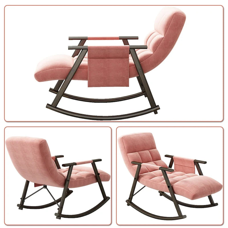 Fauteuil à bascule simple en velours rose / bleu / orange et tissu peluche gris / blanc avec dossier réglable et pochette de rangement