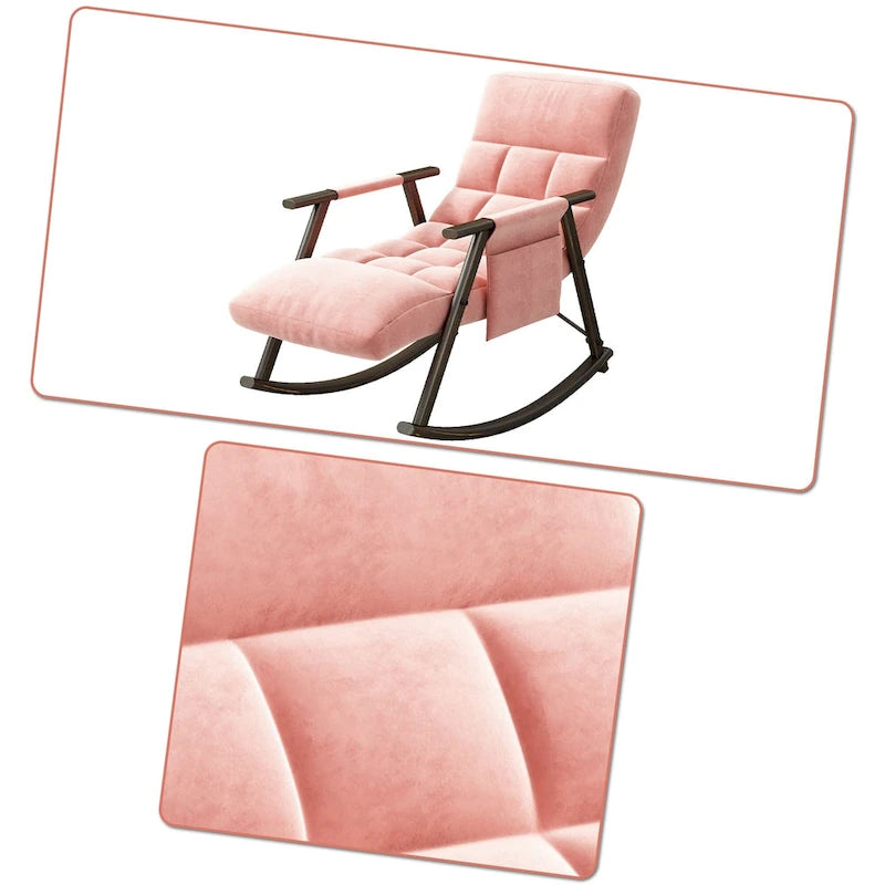 Fauteuil à bascule simple en velours rose / bleu / orange et tissu peluche gris / blanc avec dossier réglable et pochette de rangement