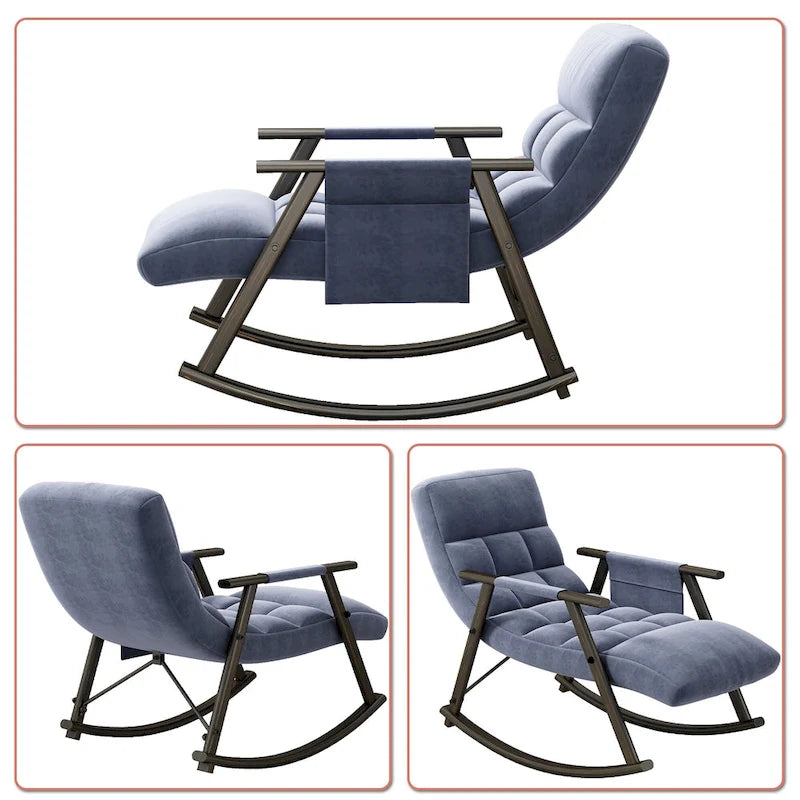 Fauteuil à bascule simple en velours rose / bleu / orange et tissu peluche gris / blanc avec dossier réglable et pochette de rangement