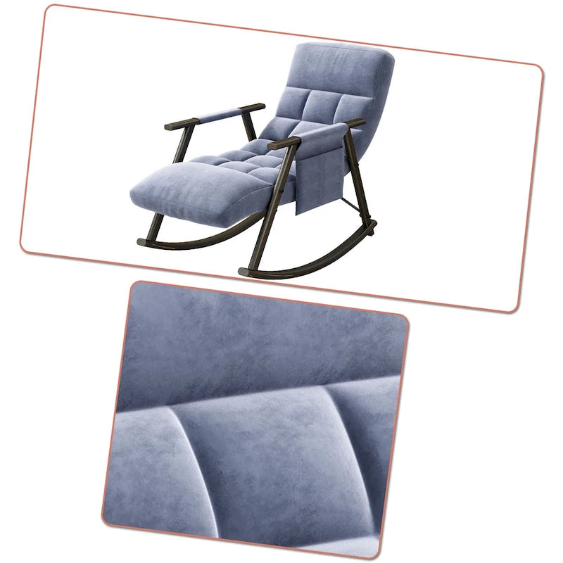 Fauteuil à bascule simple en velours rose / bleu / orange et tissu peluche gris / blanc avec dossier réglable et pochette de rangement