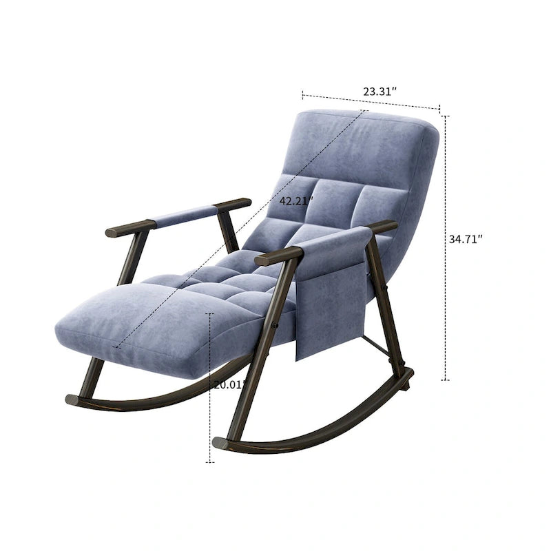 Fauteuil à bascule simple en velours rose / bleu / orange et tissu peluche gris / blanc avec dossier réglable et pochette de rangement