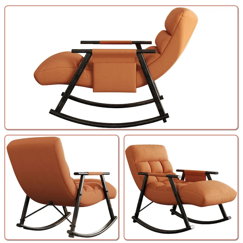 Fauteuil à bascule simple en velours rose / bleu / orange et tissu peluche gris / blanc avec dossier réglable et pochette de rangement