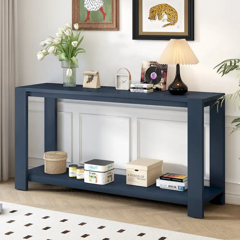 Console minimaliste bleu marine avec étagère inférieure et quatre pieds – Unité simple