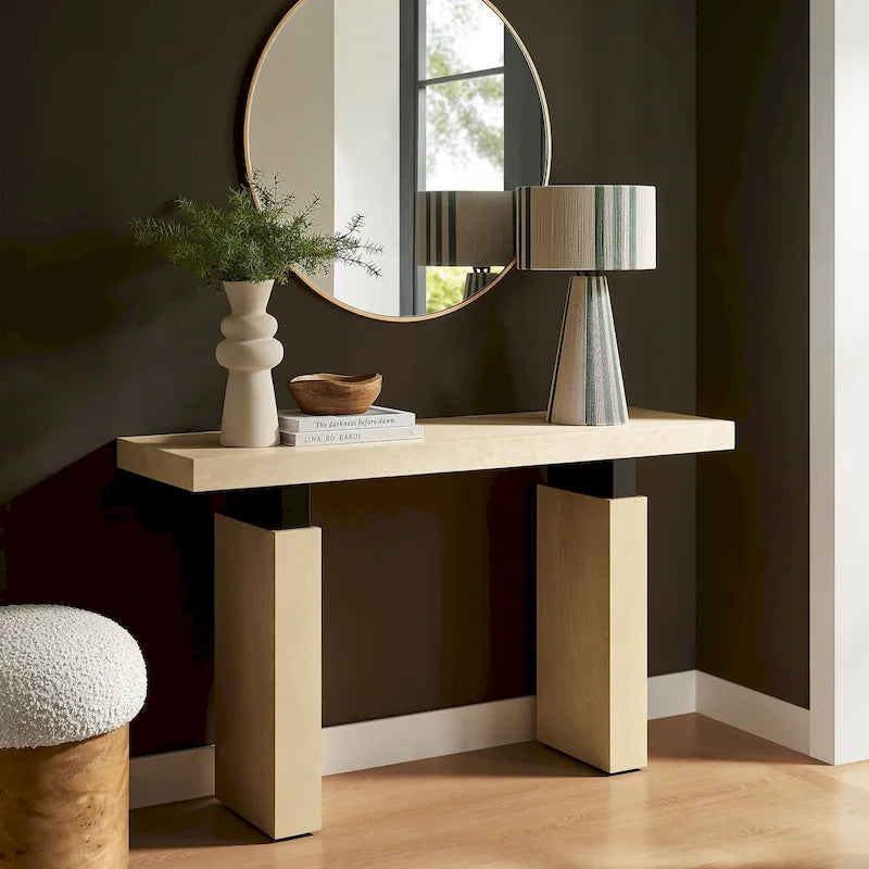 Console rectangulaire en placage de bois naturel avec pieds massifs, supports en métal noir mat et vérins réglables – Unité individuelle